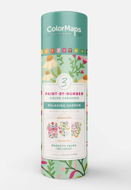 Colormaps Paint-By-Number Relaxing Garden: Everything You Need to Create 3 Beautiful Paintings: 3 Colored-Line Canvases, 12 Acrylic Paint Pots, 1 Magn
