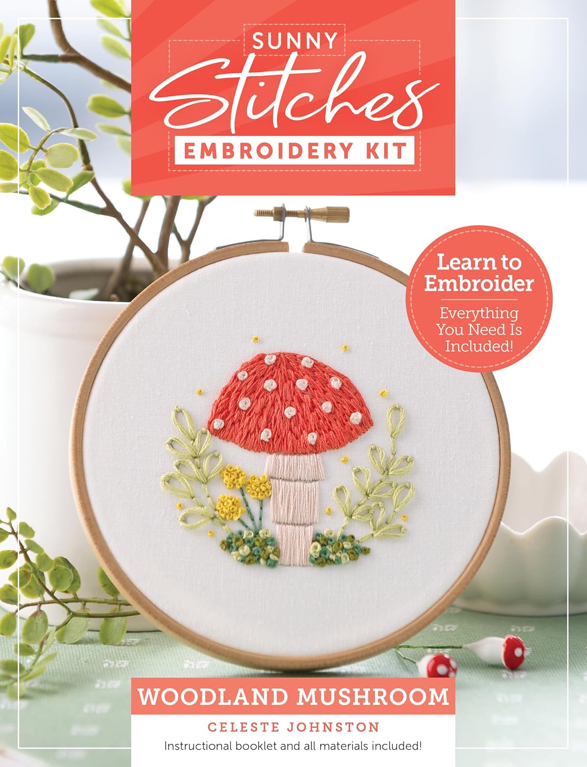 Sunny Stitches Embroidery Kit Woodland Mushroom: Learn to Embroider a Beautiful Design! Includes 100% Cotton Fabric Preprinted with Color Pattern, 8 S