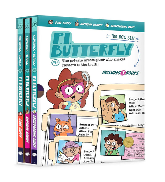 P.I. Butterfly Box Set (Gone Guppy, Birthday Bandit, Disappearing Daisy) for Curious Kids Ages 6-11, Interactive Kids Mystery Early Graphic Novel Gift