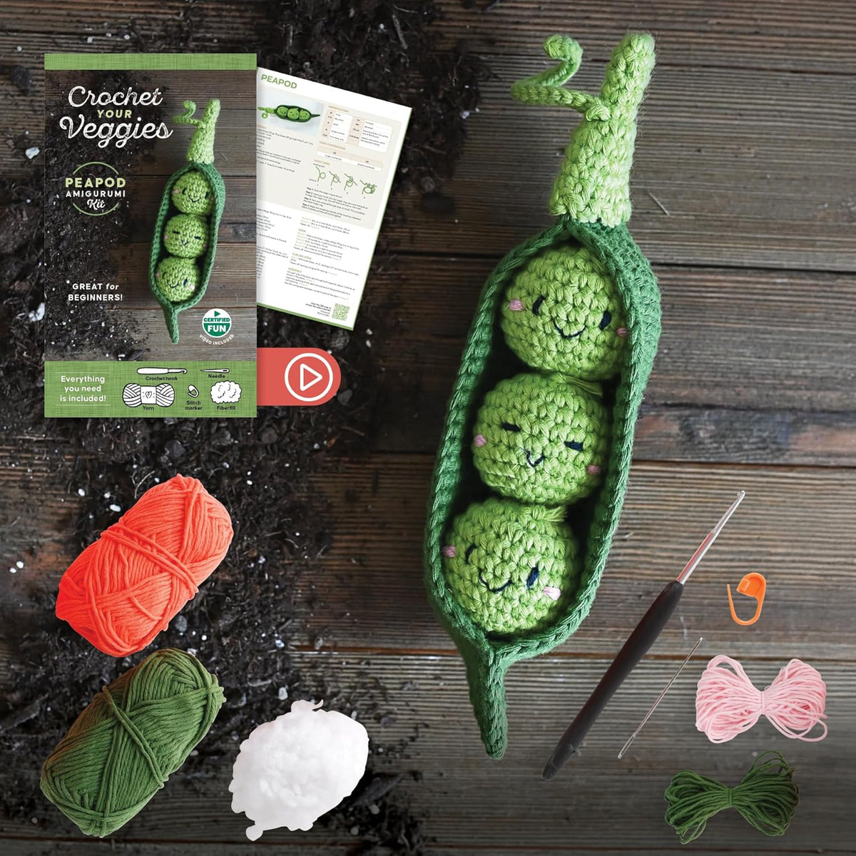 Crochet Your Veggies Amigurumi Kit Peapod: Everything You Need Is Included: 100%-Cotton Yarn, Crochet Hook, Stitch Marker, Tapestry Needle, Fiberfill,