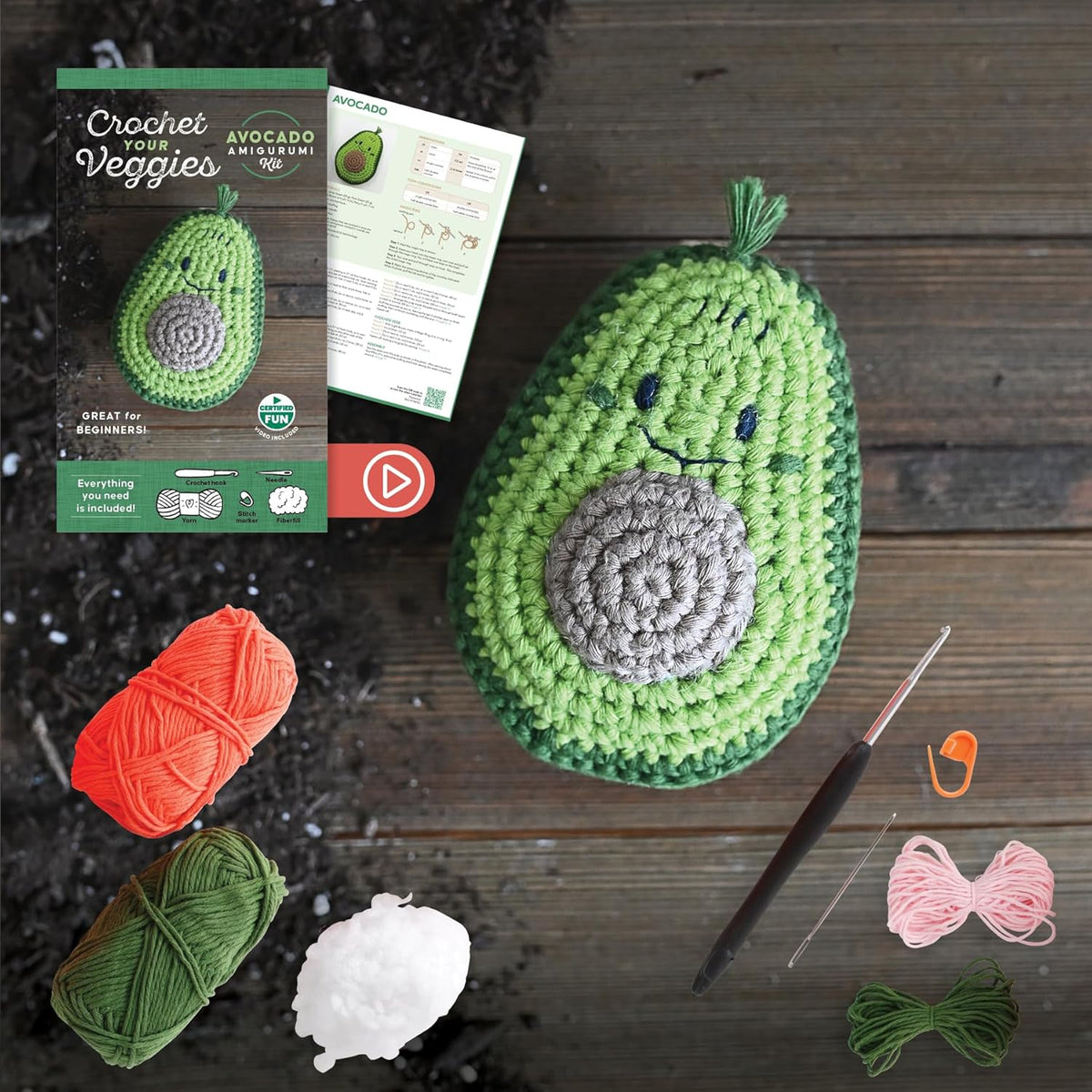 Crochet Your Veggies Amigurumi Kit Avocado: Everything You Need Is Included: 100%-Cotton Yarn, Crochet Hook, Stitch Marker, Tapestry Needle, Fiberfill