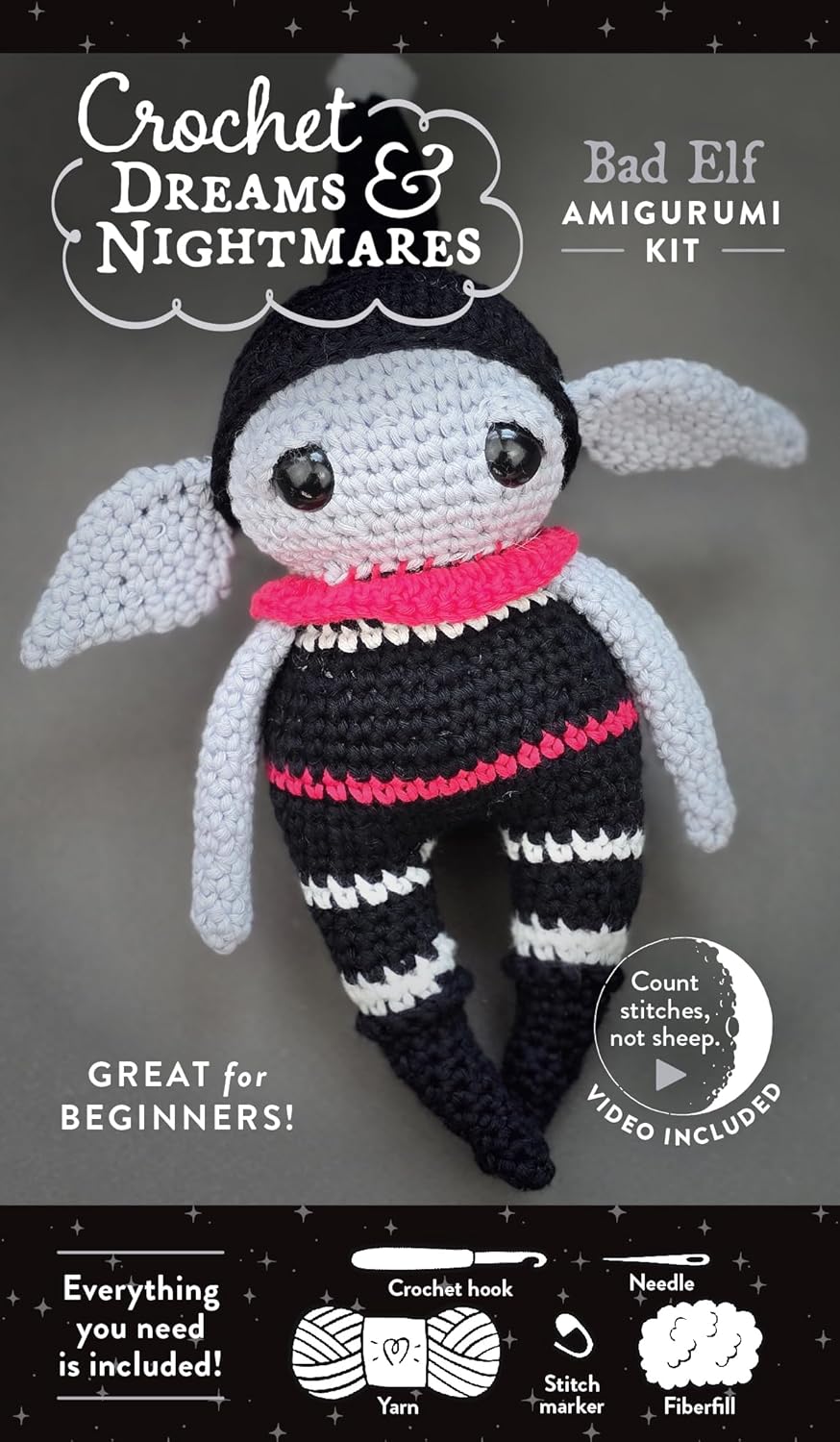 Crochet Dreams and Nightmares Amigurumi Kit Bad Elf: Everything You Need Is Included: 100% Cotton Yarn, Crochet Hook, Stitch Marker, Tapestry Needle,