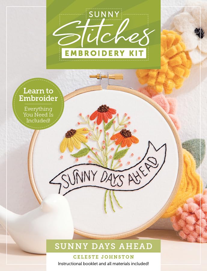Sunny Stitches Embroidery Kit Sunny Days Ahead: Learn to Embroider a Beautiful Design! Includes 100% Cotton Fabric Preprinted with Color Pattern, 8 Sk