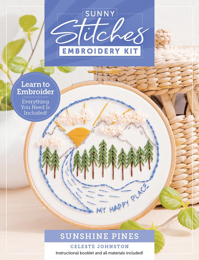 Sunny Stitches Embroidery Kit Sunshine Pines: Learn to Embroider a Beautiful Design! Includes 100% Cotton Fabric Preprinted with Color Pattern, 8 Skei
