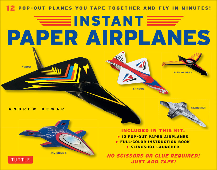Instant Paper Airplanes Kit: 12 Pop-Out Airplanes You Tape Together and Fly in Minutes! [12 Precut Pop-Out Airplanes; Slingshot Launcher, Tape & Full-