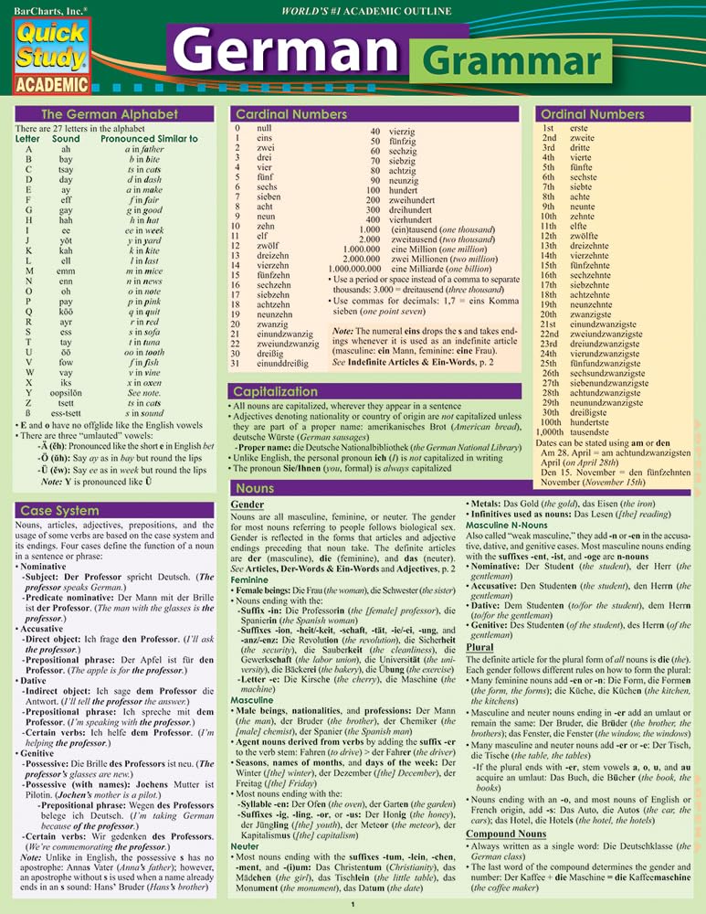 German Grammar: Quickstudy Laminated Reference Guide (Second Edition, Enlarged/Expanded)
