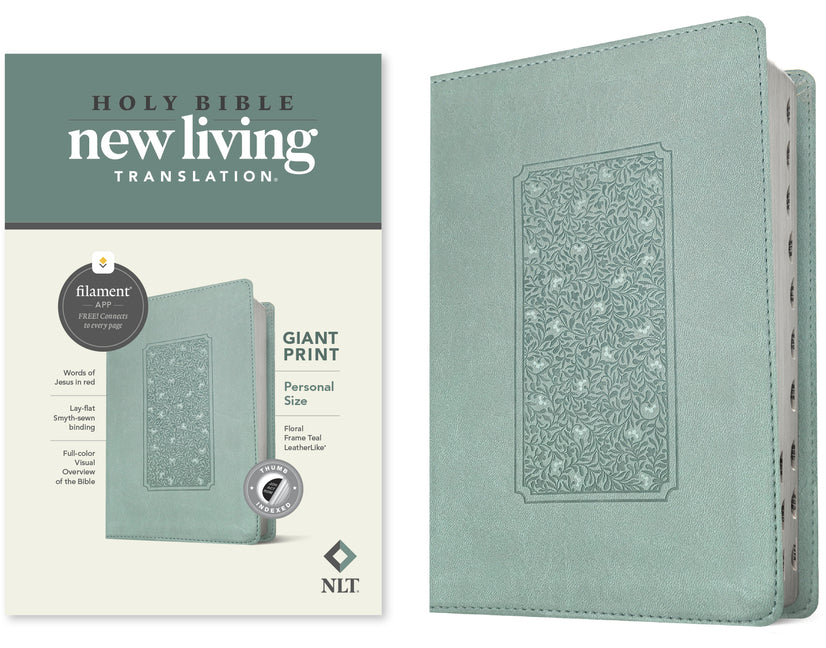 NLT Personal Size Giant Print Bible, Filament Enabled Edition (Red Letter, Leatherlike, Floral Frame Teal, Indexed)