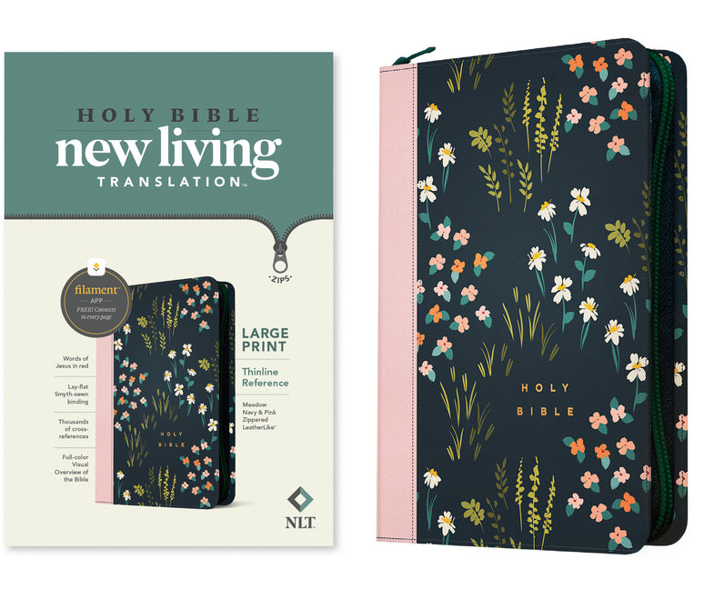 NLT Large Print Thinline Reference Zipper Bible, Filament Enabled (Leatherlike, Meadow Navy & Pink, Red Letter)