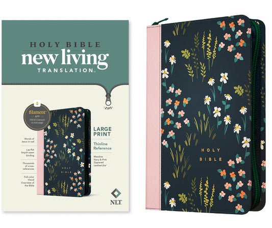 NLT Large Print Thinline Reference Zipper Bible, Filament Enabled (Leatherlike, Meadow Navy & Pink, Red Letter)