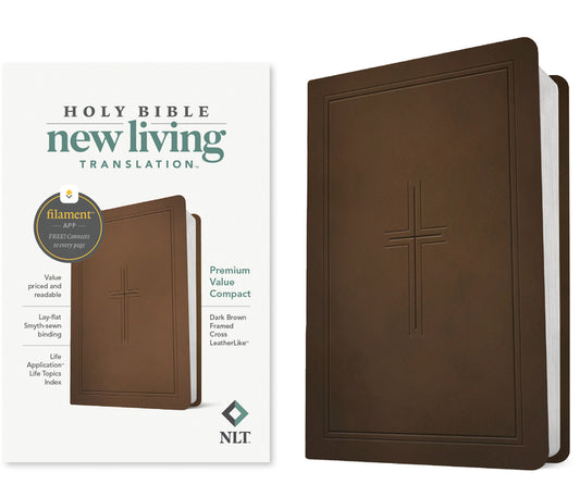 NLT Premium Value Compact Bible, Filament Enabled (Leatherlike, Dark Brown Framed Cross)