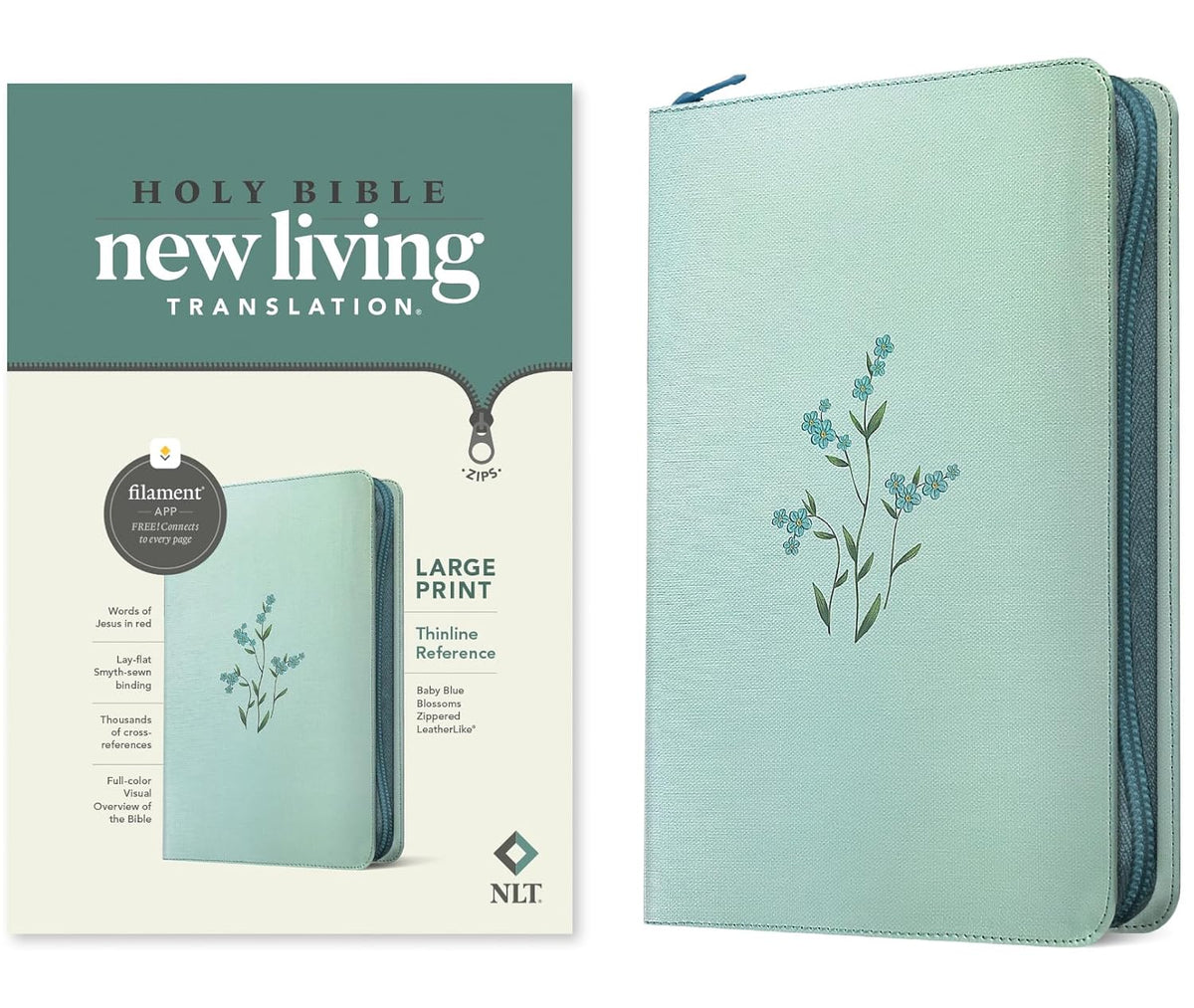 NLT Large Print Thinline Reference Zipper Bible, Filament Enabled (Leatherlike, Baby Blue Blossoms, Red Letter)
