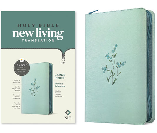 NLT Large Print Thinline Reference Zipper Bible, Filament Enabled (Leatherlike, Baby Blue Blossoms, Red Letter)