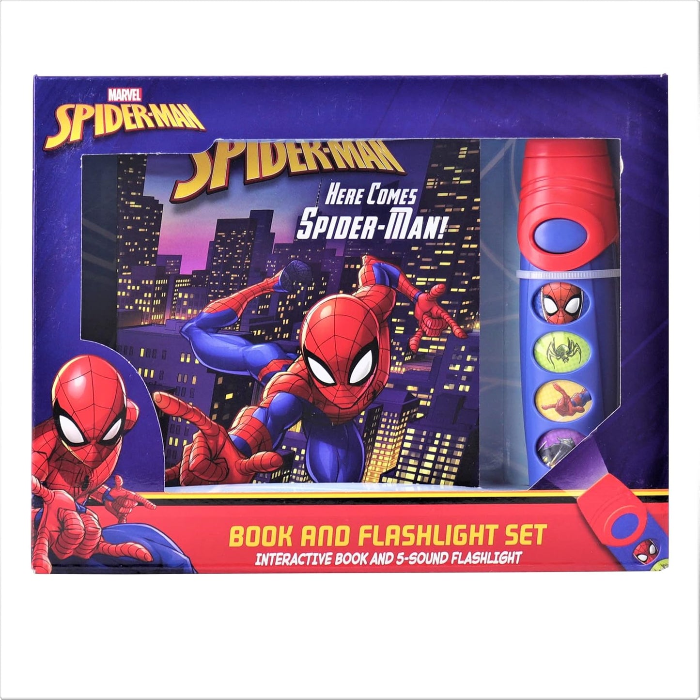 Marvel Spider-Man: Here Comes Spider-Man! Book and 5-Sound Flashlight Set [With Flashlight and Battery]