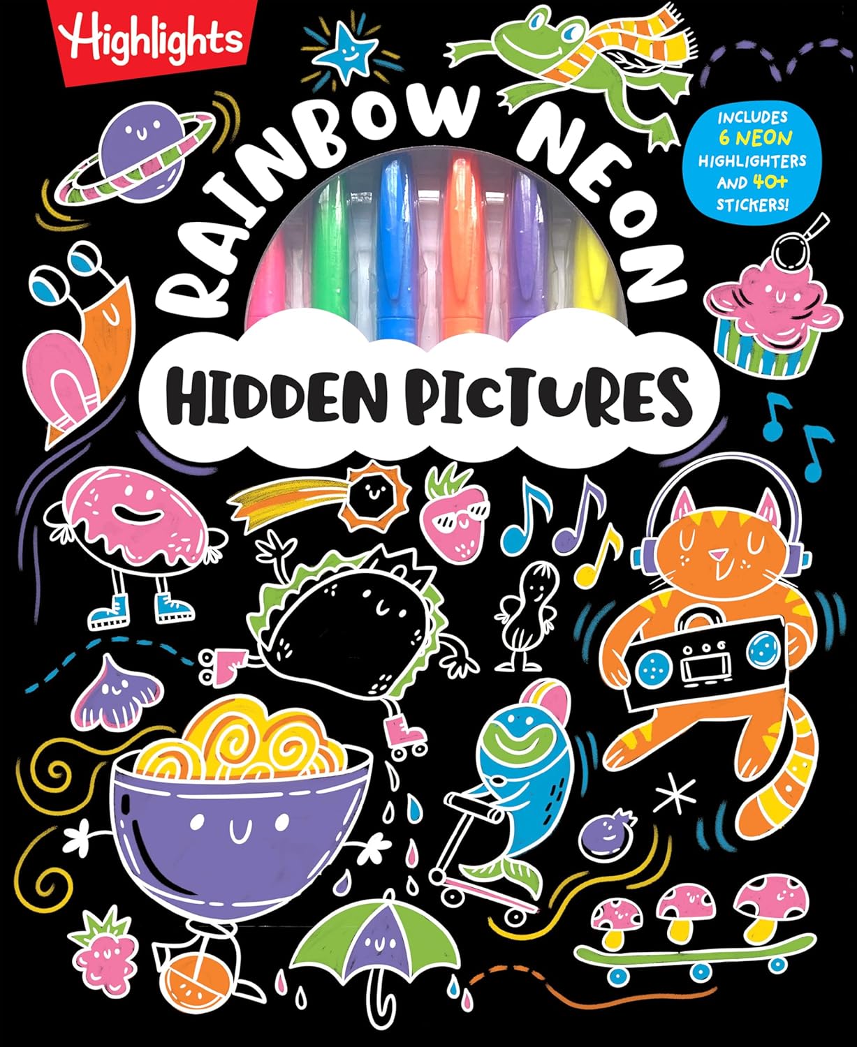Rainbow Neon Hidden Pictures: Rainbow Activity Book with Neon Markers and Over 40 Stickers, Fun Sticker Puzzle Book for Creative Kids Ages 6-12