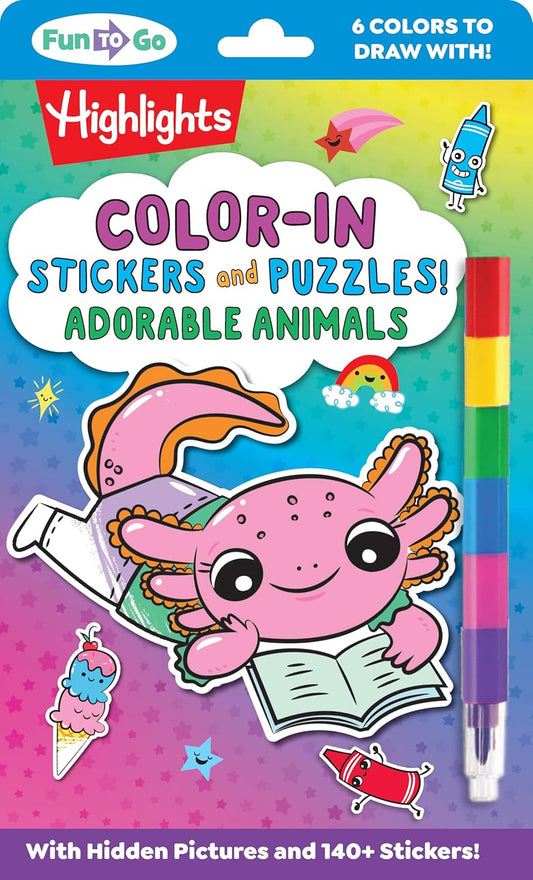 Color-In Stickers and Puzzles! Adorable Animals: Over 140 Kids Stickers for You to Color and Decorate, Animal Puzzles Activity Sheets for On-The-Go Fu