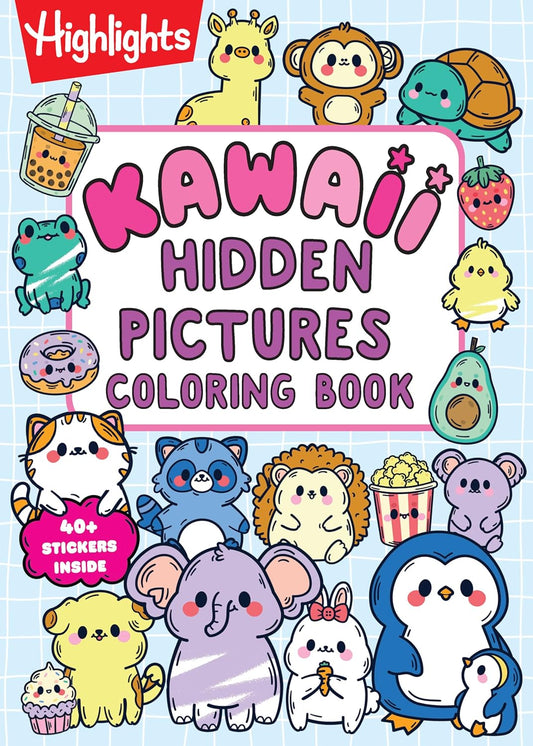 Kawaii Hidden Pictures Coloring Book: Cozy Coloring and Kids Puzzle Book with Over 40 Kawaii Stickers to Decorate, 90-Page Interactive Sticker Activit
