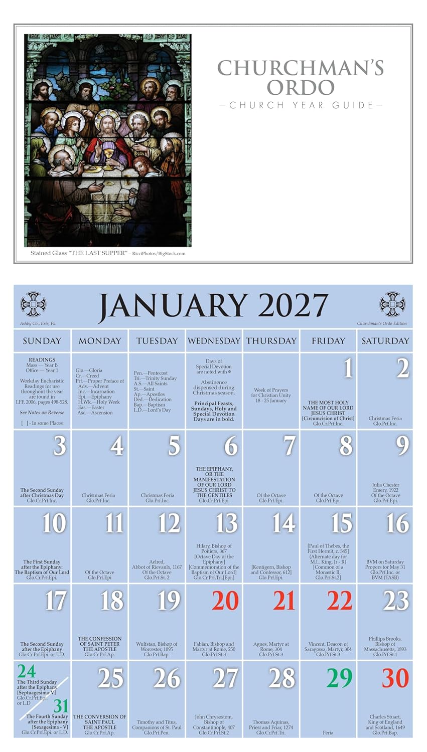 2027 Churchman's Ordo Kalendar: January 2027 Through December 2027