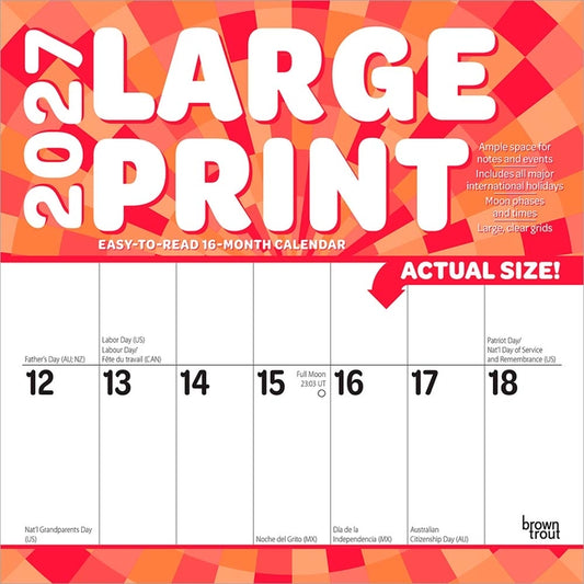 Large Print 2027 12 X 24 Inch (Hanging) Monthly Square Wall Calendar Matte Paper Plastic-Free