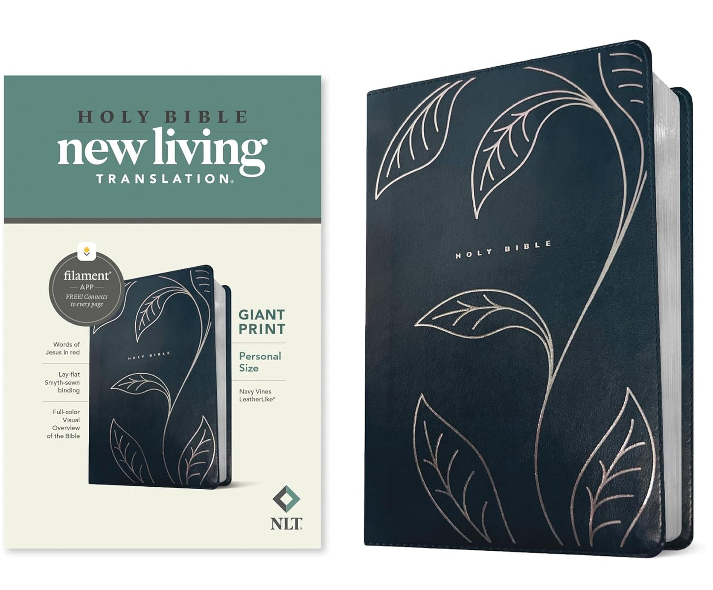 NLT Personal Size Giant Print Bible, Filament Enabled (Leatherlike, Navy Vines, Red Letter)