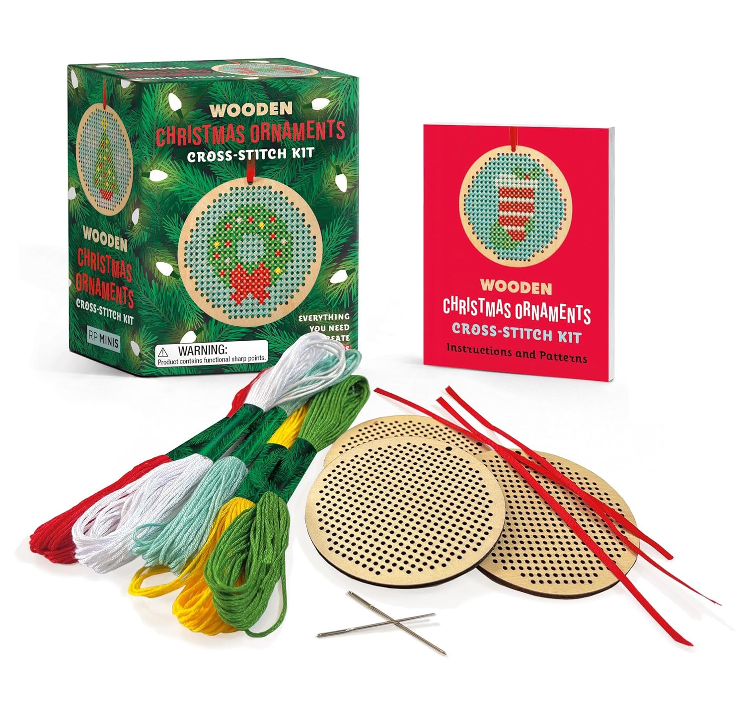 Wooden Christmas Ornaments Cross-Stitch Kit: Everything You Need to Create 3 Keepsakes