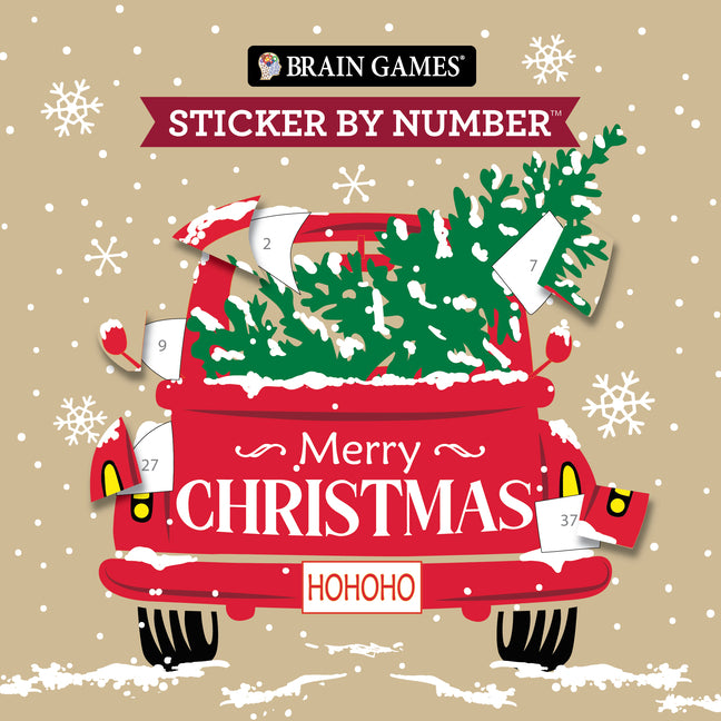 Brain Games - Sticker by Number Compact Edition: Merry Christmas 7x7 Inches Christmas Stocking Stuffer, Travel Size Activity Book for Adults & Kids 7+